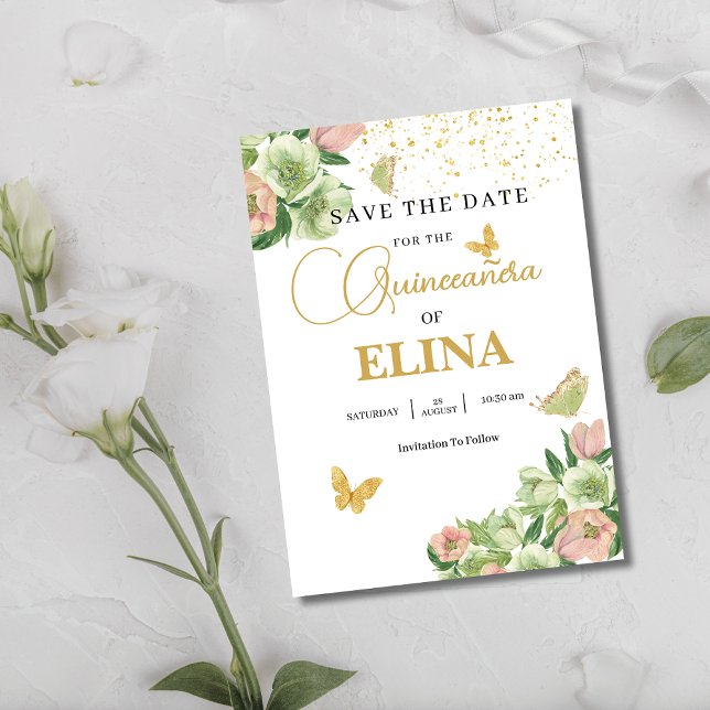 Save The Date Aquarelle sauge vert rose floral Quinceañera (Créateur téléchargé)