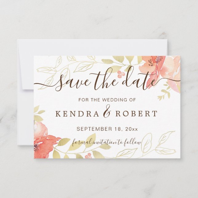 Save The Date Aquarelle Saumon Roses roses roses et alliage d'or (Devant)