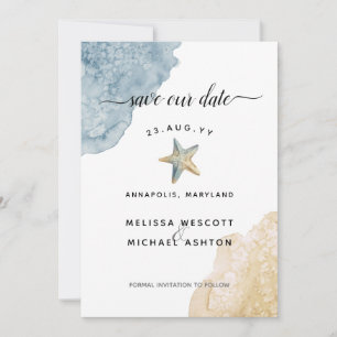 Save The Date Aquarelle Starfish Beach Dusty Blue Mariage