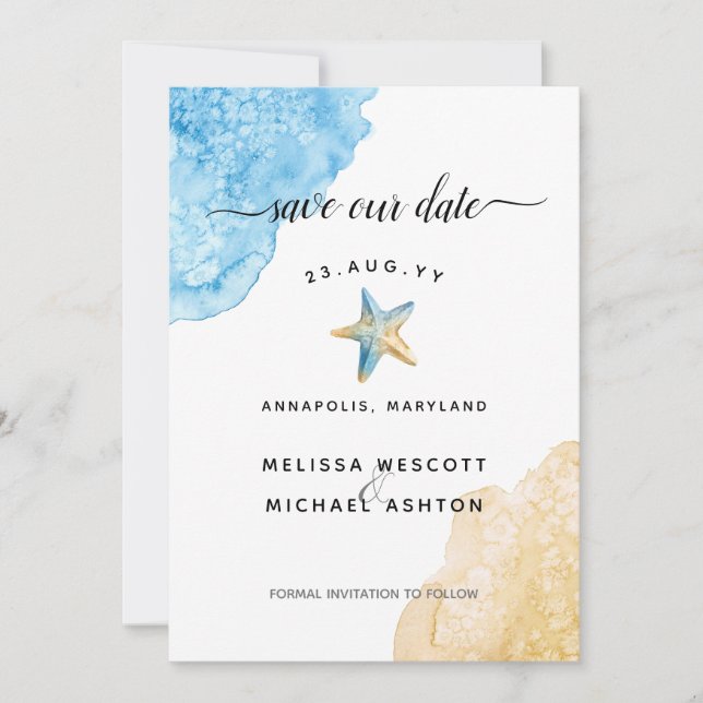 Save The Date Aquarelle Starfish Beach moderne Mariage côtier (Devant)