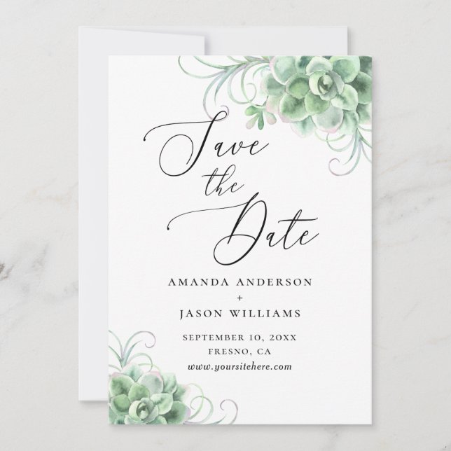 Save The Date Aquarelle succulente. Botanique de cactus vert (Devant)