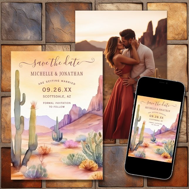 Save The Date Aquarelle Sud-Ouest Désert Mariage photo (Printed and Digital - Watercolor Southwestern Desert Photo Wedding Save The Date)