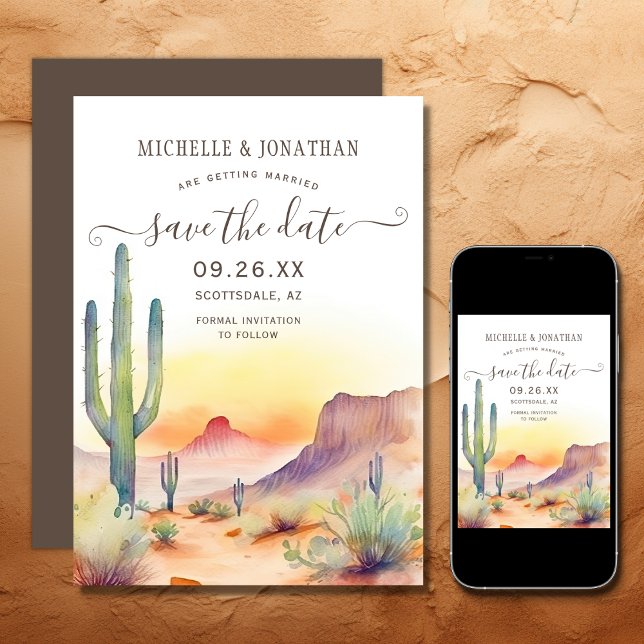 Save The Date Aquarelle sud-ouest du désert et Mariage de Cactus (Printed and Digital - Watercolor Southwestern Desert and Cactus Wedding Save The Date)