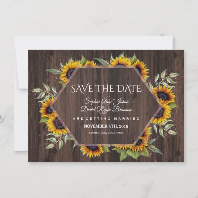 Save The Date Aquarelle Sunflowers Mariage géométrique en bois (Devant)