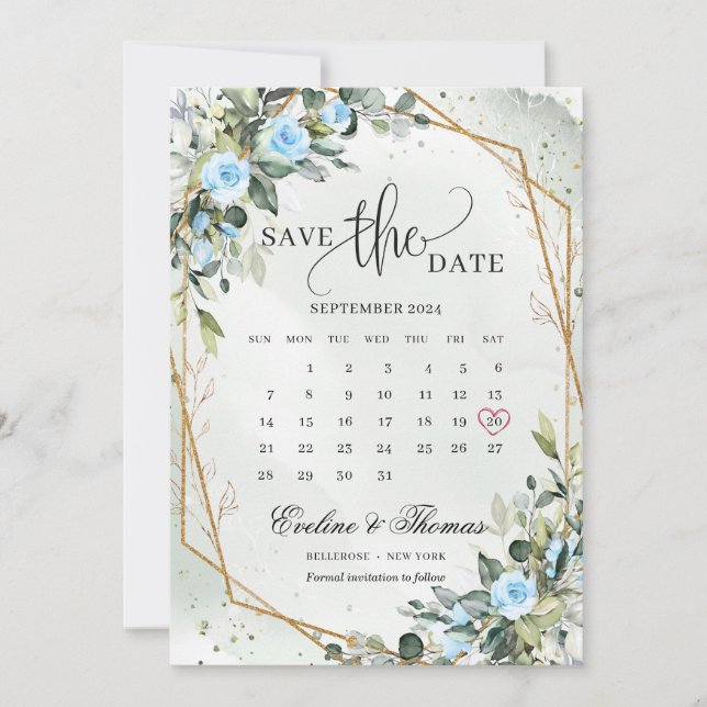 Save The Date Aquarelle tendance Fleurs bleues glacées Eucalyptu (Devant)