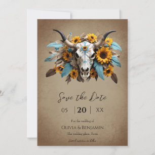 Save The Date Aquarelle Tournesol plumes Vache Mariage crâne