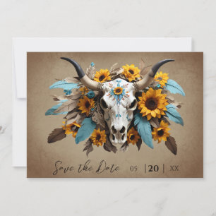 Save The Date Aquarelle Tournesol Plumes Vache Mariage crâne