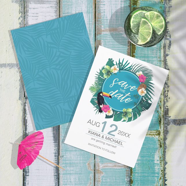 Save The Date Aquarelle Tropical avec Toucan Turquoise ID577 (Créateur téléchargé)