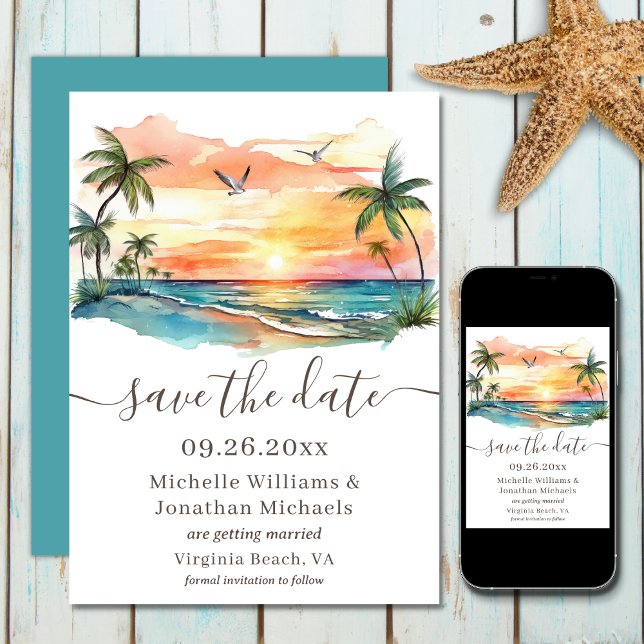 Save The Date Aquarelle Tropical Beach Sunset Mariage (Printed and Digital - Watercolor Tropical Beach Sunset Wedding Save The Date)
