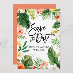 Save The Date Aquarelle Tropical Floral Brush Script Coral