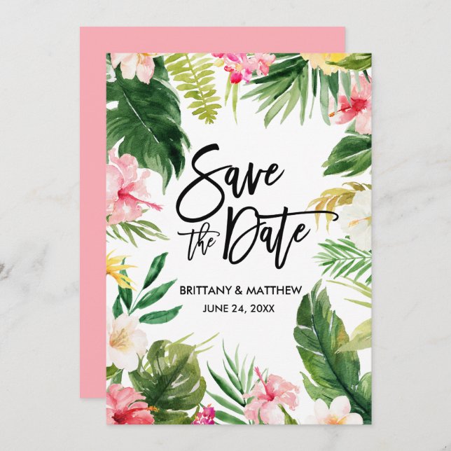 Save The Date Aquarelle Tropical Floral Brush Script rose (Devant / Derrière)