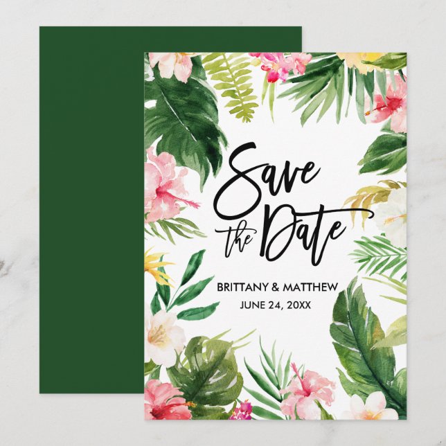 Save The Date Aquarelle Tropical Floral Brush Script Vert (Devant / Derrière)