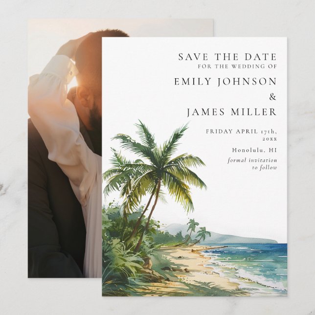 Save The Date Aquarelle Tropical Palm Beach Mariage photo (Devant / Derrière)
