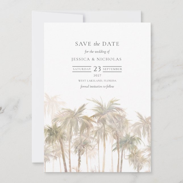 Save The Date Aquarelle Tropical Palm Trees Mariage (Devant)