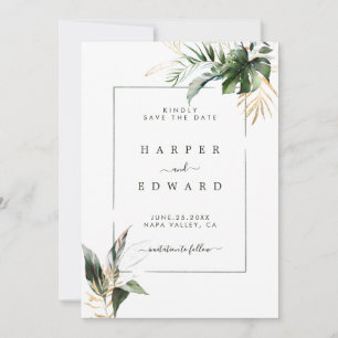 Save The Date Aquarelle tropicale Feuillage Vert & Mariage Or