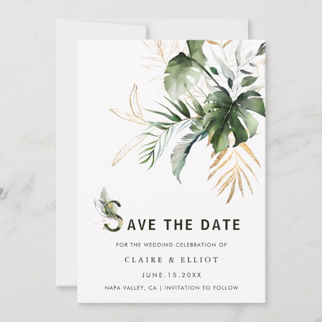 Save The Date Aquarelle tropicale Mariage de feuillage Enregistr (Devant)