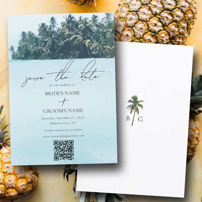 Save The Date Aquarelle tropicale Palms & Beach Wedding QR Code (Tropical Watercolor Palms & Beach Wedding QR Code Save The Date)