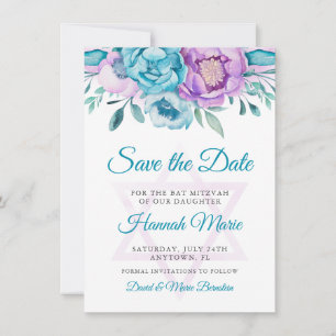 Save The Date Aquarelle Turquoise violet Bat mitzvah floral