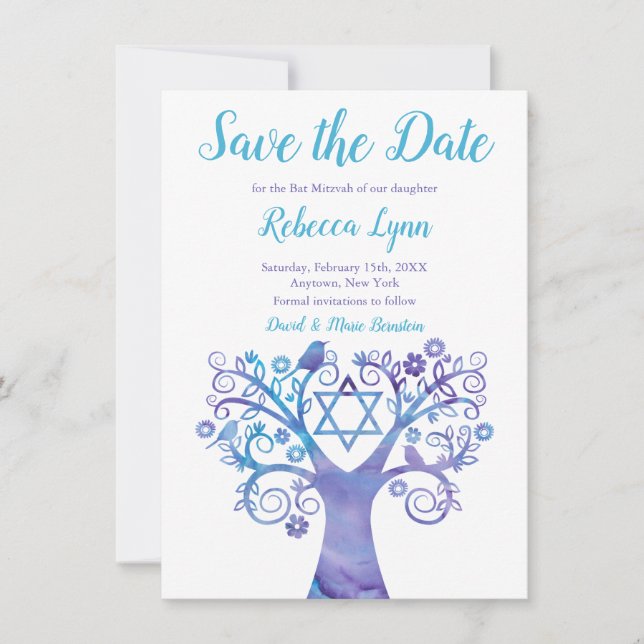 Save The Date Aquarelle Turquoise violette Arbre Bat mitzvah de  (Devant)