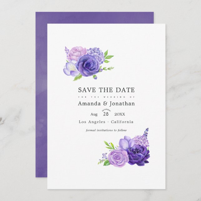 Save The Date Aquarelle ultra violette Mariage (Devant / Derrière)
