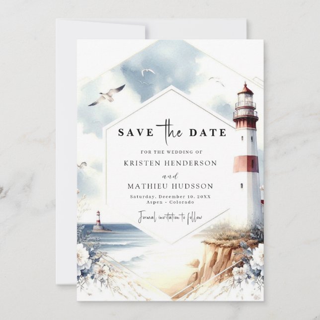 Save The Date Aquarelle unique Waves Lighthouse Mariage (Devant)