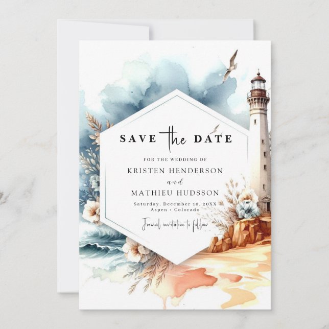 Save The Date Aquarelle unique Whimsy Lighthouse Mariage (Devant)