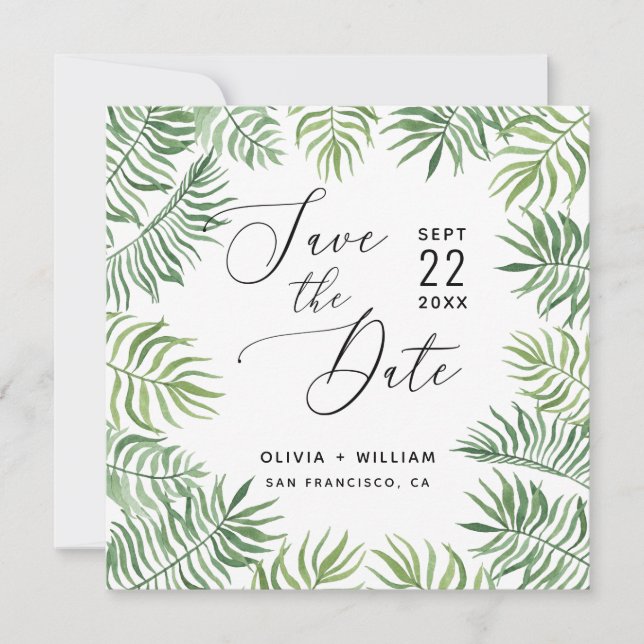 Save The Date Aquarelle végétation tropicale. Feuillage mariage  (Devant)