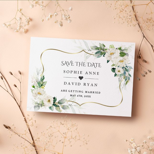 Save The Date Aquarelle Verdure aérée Mariage floral blanc (elegant trendy modern white flowers gold save the date invitation)