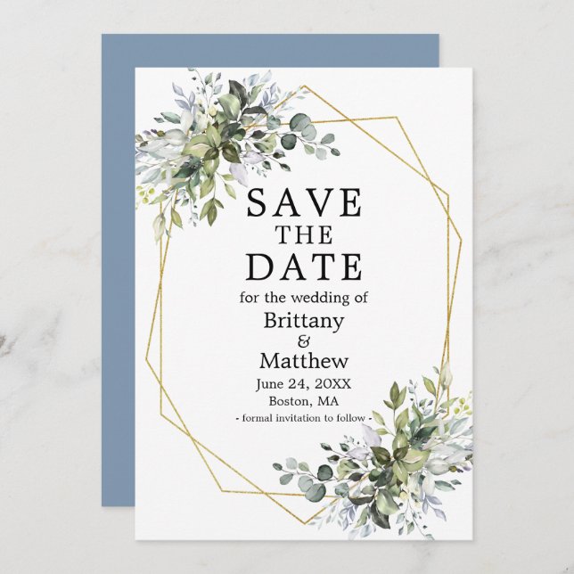 Save The Date Aquarelle Verdure Dusty Blue Gold Geo Frame (Devant / Derrière)