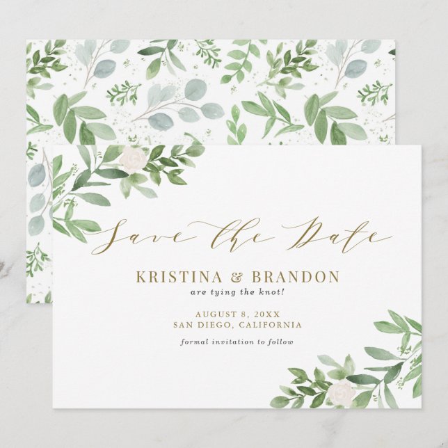 Save The Date Aquarelle Verdure et Fleurs blanches Or Mariage (Devant / Derrière)