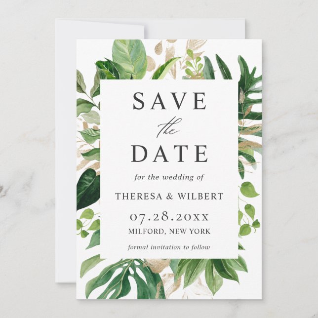Save The Date Aquarelle Verdure Palm Tropical Feuille Mariage (Devant)