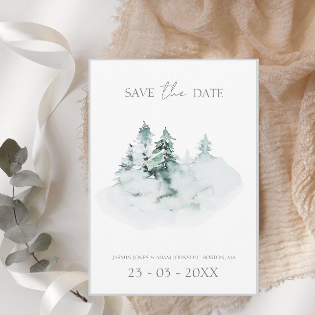 Save The Date Aquarelle Vert Blanc Forêt Pins Mariage (Créateur téléchargé)