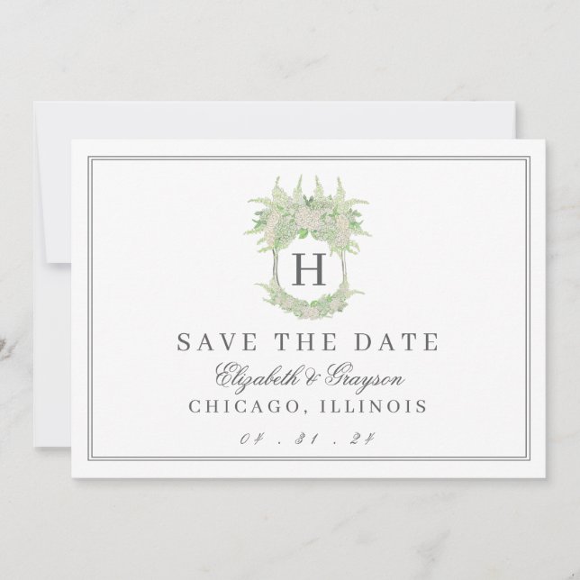 Save The Date Aquarelle Vert et Blanc Hydrangea Crest (Devant)