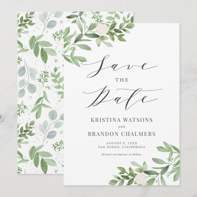 Save The Date Aquarelle Vert et Fleurs blanches Gris (Devant / Derrière)