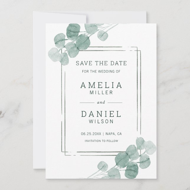 Save The Date Aquarelle vert Eucalyptus Mariage (Devant)