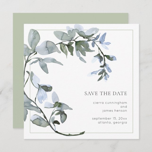 Save The Date Aquarelle Vert Floral Bleu Enregistrer La Date (Devant / Derrière)