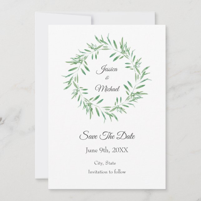 Save The Date Aquarelle Vert Olive Wreath Enregistrer La Date (Devant)