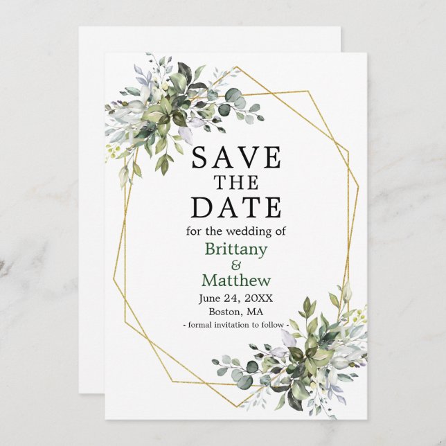 Save The Date Aquarelle Vert Or Cadre Geo Blanc Vert Vert (Devant / Derrière)
