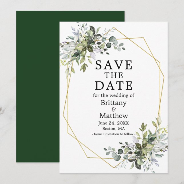 Save The Date Aquarelle Vert Or Cadre géométrique Vert (Devant / Derrière)