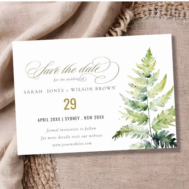 Save The Date Aquarelle verte Classy Gold Fern Foliing (Créateur téléchargé)