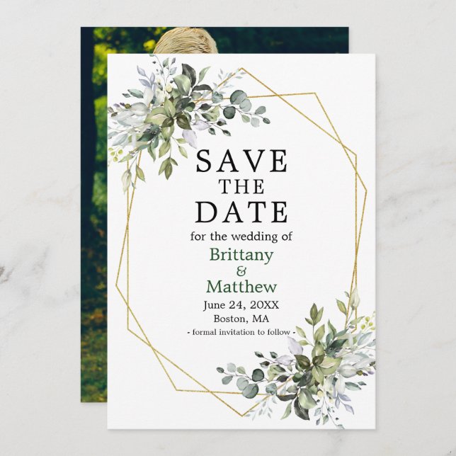 Save The Date Aquarelle verte Gold Geo Cadre photo vert (Devant / Derrière)