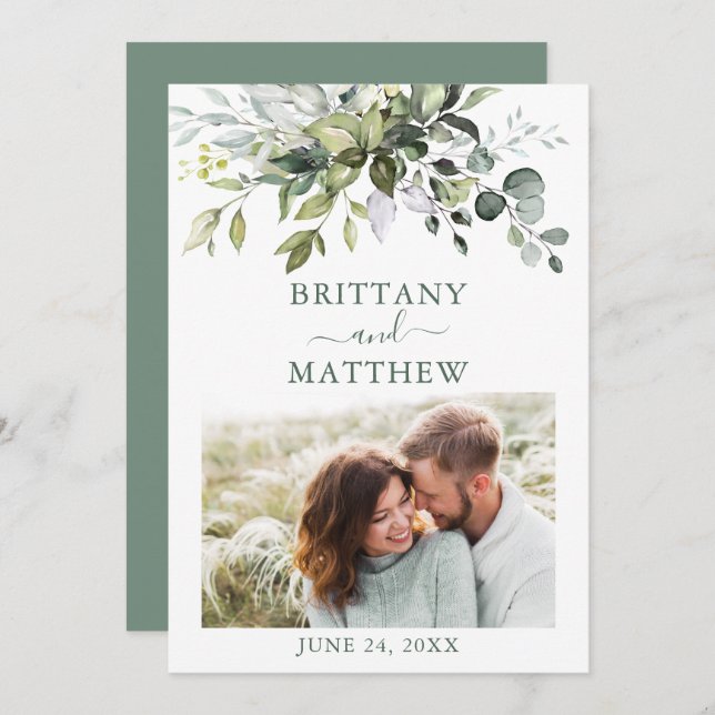 Save The Date Aquarelle verte moderne Sage Photo (Devant / Derrière)