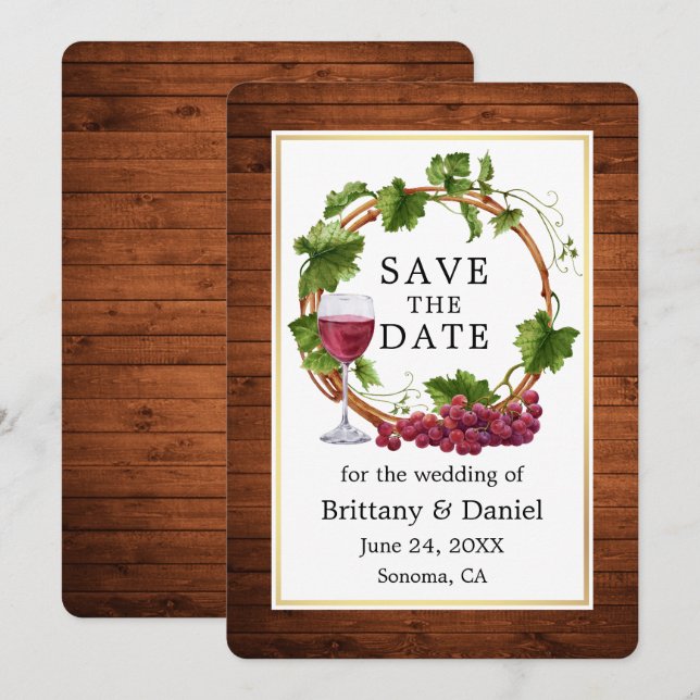 Save The Date Aquarelle Vins de raisin Wreath Bois rustique (Devant / Derrière)