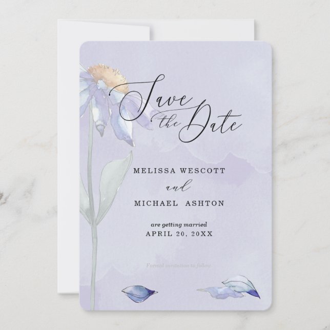 Save The Date Aquarelle violet bleu marguerite Mariage lavande (Devant)