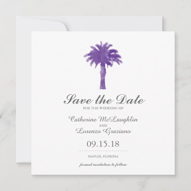 Save The Date Aquarelle violette Serene Palm Tree | Enregistrer  (Devant)