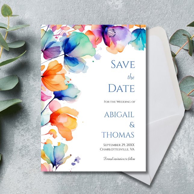 Save The Date Aquarelle vive Florale Moderne Mariage élégant (Bright Floral Watercolor Modern Elegant Wedding Save The Date Card)
