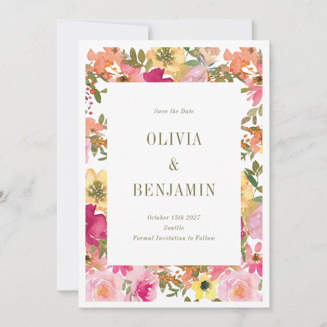 Save The Date Aquarelle vive Jardin Floral Photo Printemps (Devant)