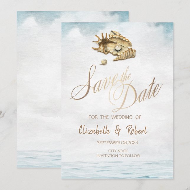 Save The Date Aquarelles Coquillages, Mer Épinglez la Date (Devant / Derrière)