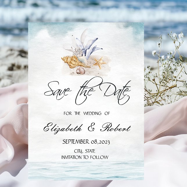 Save The Date Aquarelles Coquillages, Mer Épinglez la Date (Créateur téléchargé)