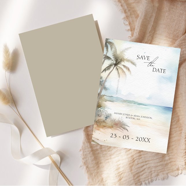 Save The Date Arbre de palmier de plage tropicale à l'aquarelle (Watercolor Tropical Beach Palm Trees Wedding Save The Date Card)
